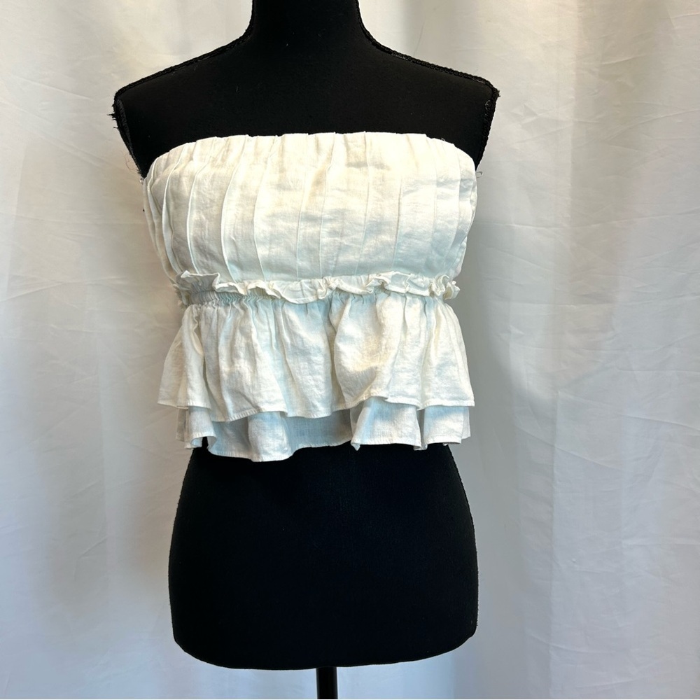 Zara white pleated ruched layered ruffle frill strapless open back top blouse M - Picture 3 of 14